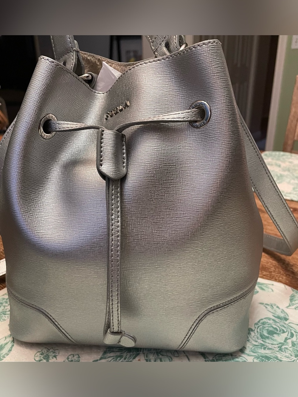 Furla Silver Drawstring Bucket Bag